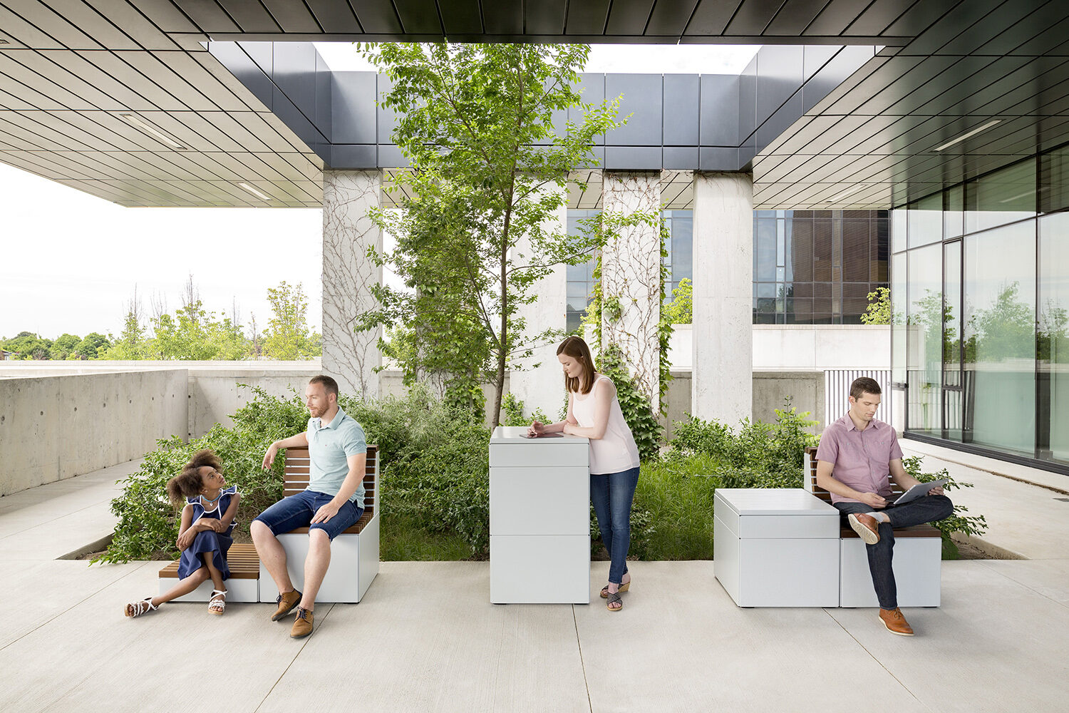 People sitting and standing with Pixel Blocks