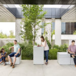 People sitting and standing with Pixel Blocks