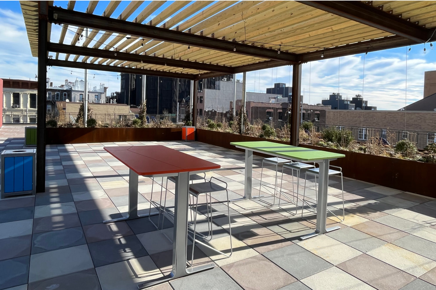 Ancora-Tables_1510-Gates Ancora tables and Kontur stools on roof-top patio