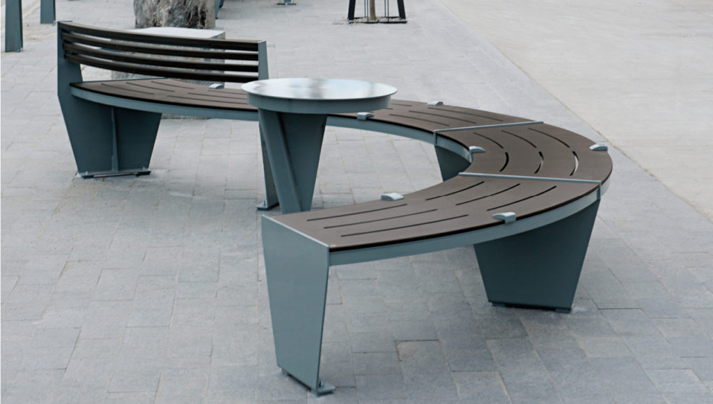 Bernard Avenue Revitalization Curved S Bench with side table and skate deterrents