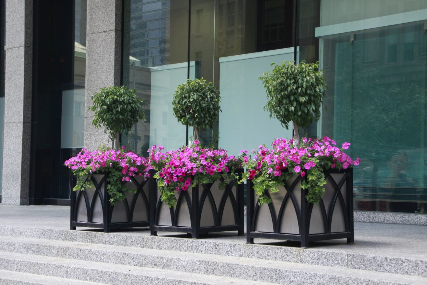 Custom planters for Brookfield Place with pink foliage