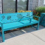 Turquoise laser cut modified 400 backed benches and trash container with chinese symbols