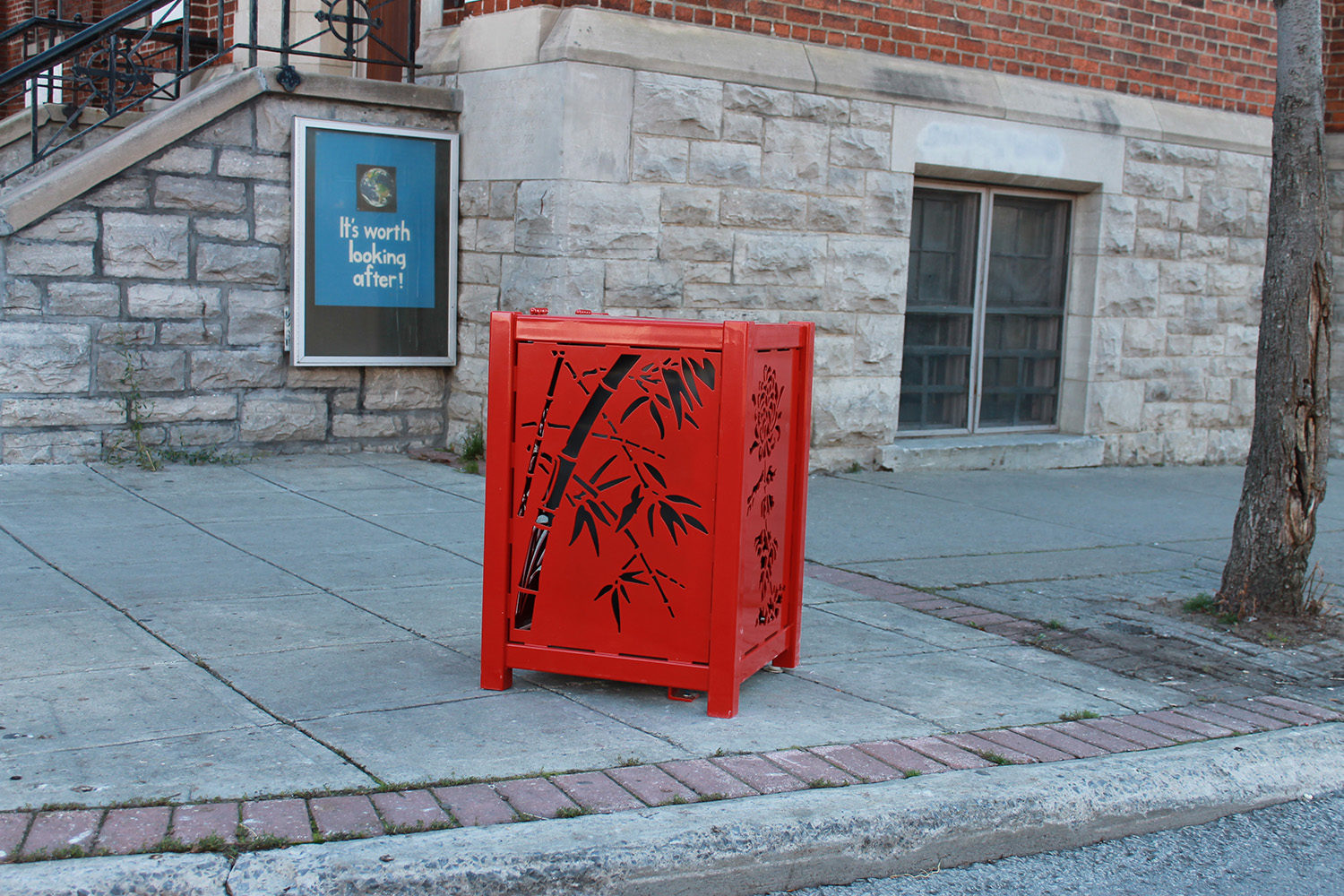 Custom red 400 laser cut trash container in China town