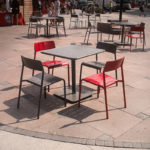 Foro tables and chairs powdercoated red and silver