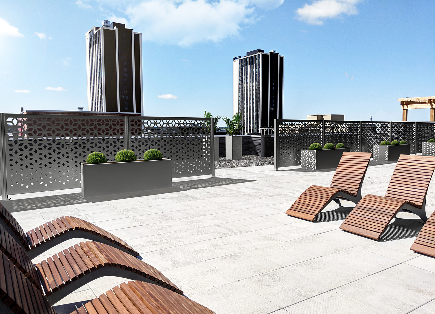 Flexx Panels on a rooftop patio with planters and chaise lounges