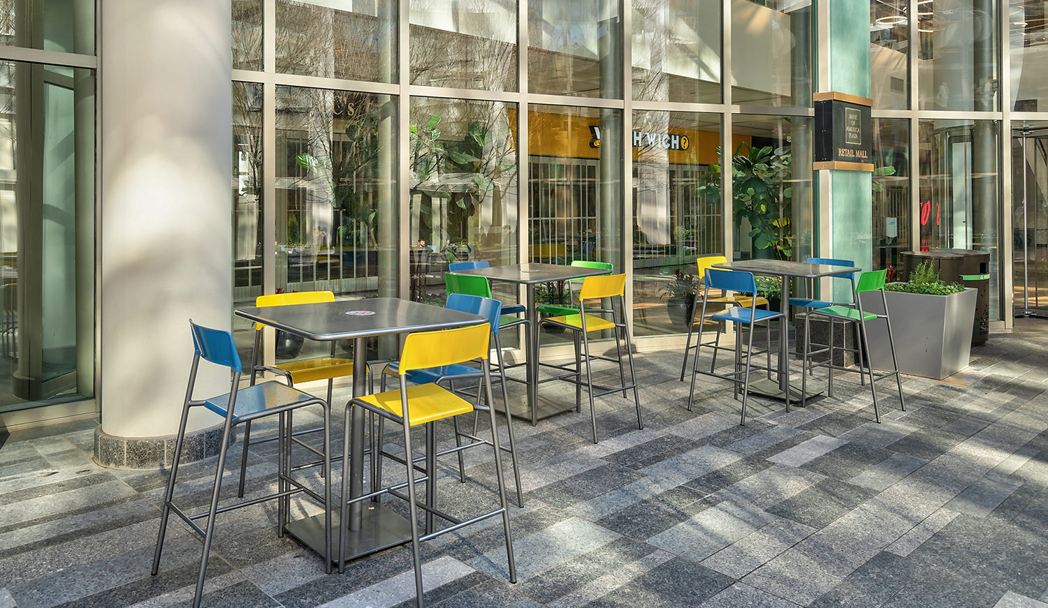 Foro Bar Height Table with Backed Stools in Yellow, Green and Blue
