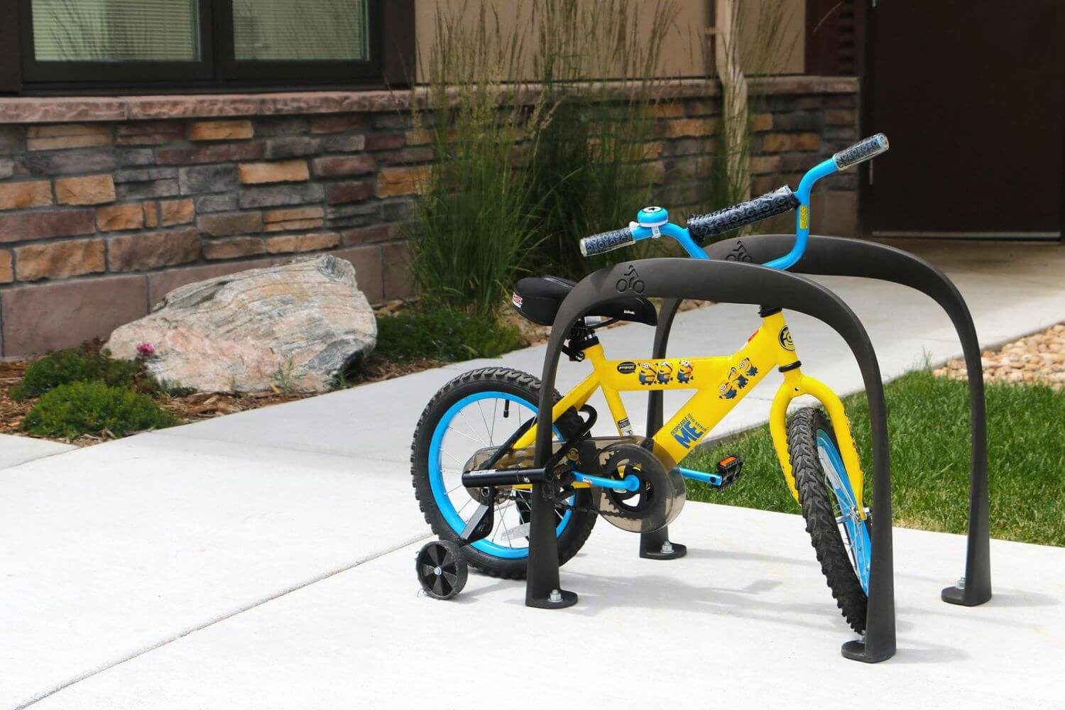 HOME_INSTALLATIONS_BIKE RACKS_Little Kid Bike_1600 Bike Racks Yellow childrens bike on bike rack