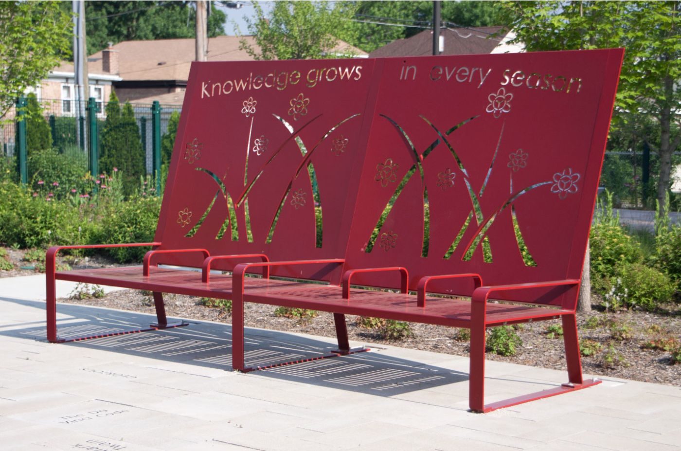 Red Bench with Large back with floral design and text 