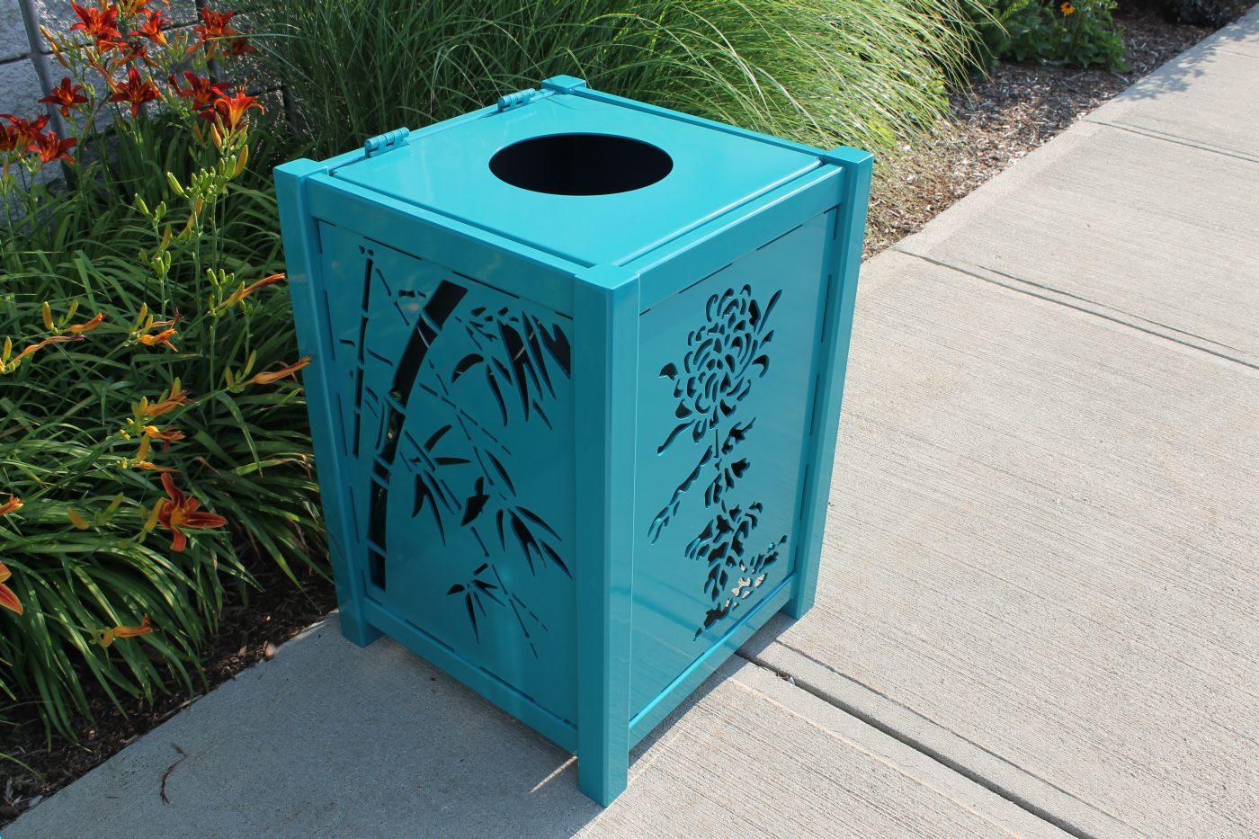 Blue Trash Can with Floral Design