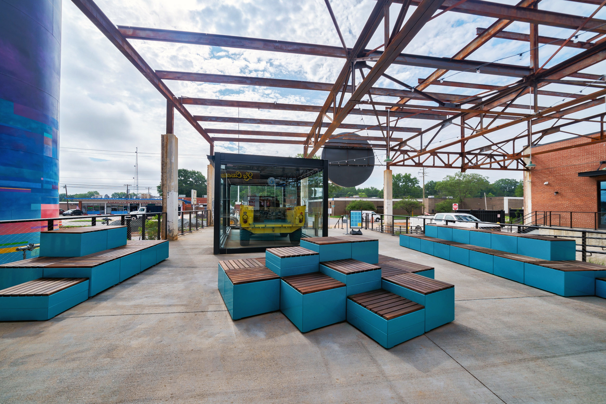 Pixel blocks painted turquoise at Camp North End