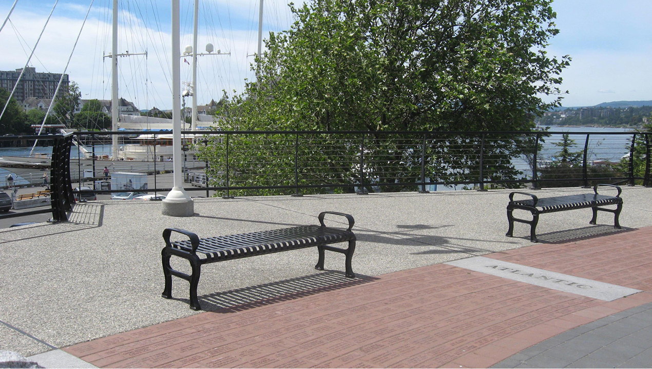 Backless Black Metal Benches with Arms on each end near Water