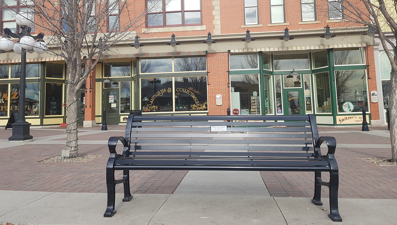Black Metal Bench with Horizontal Slats Near Commercial Shops