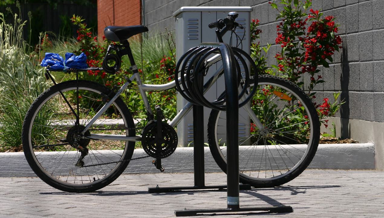 Black Maglin Bike Rack with locked bicycle