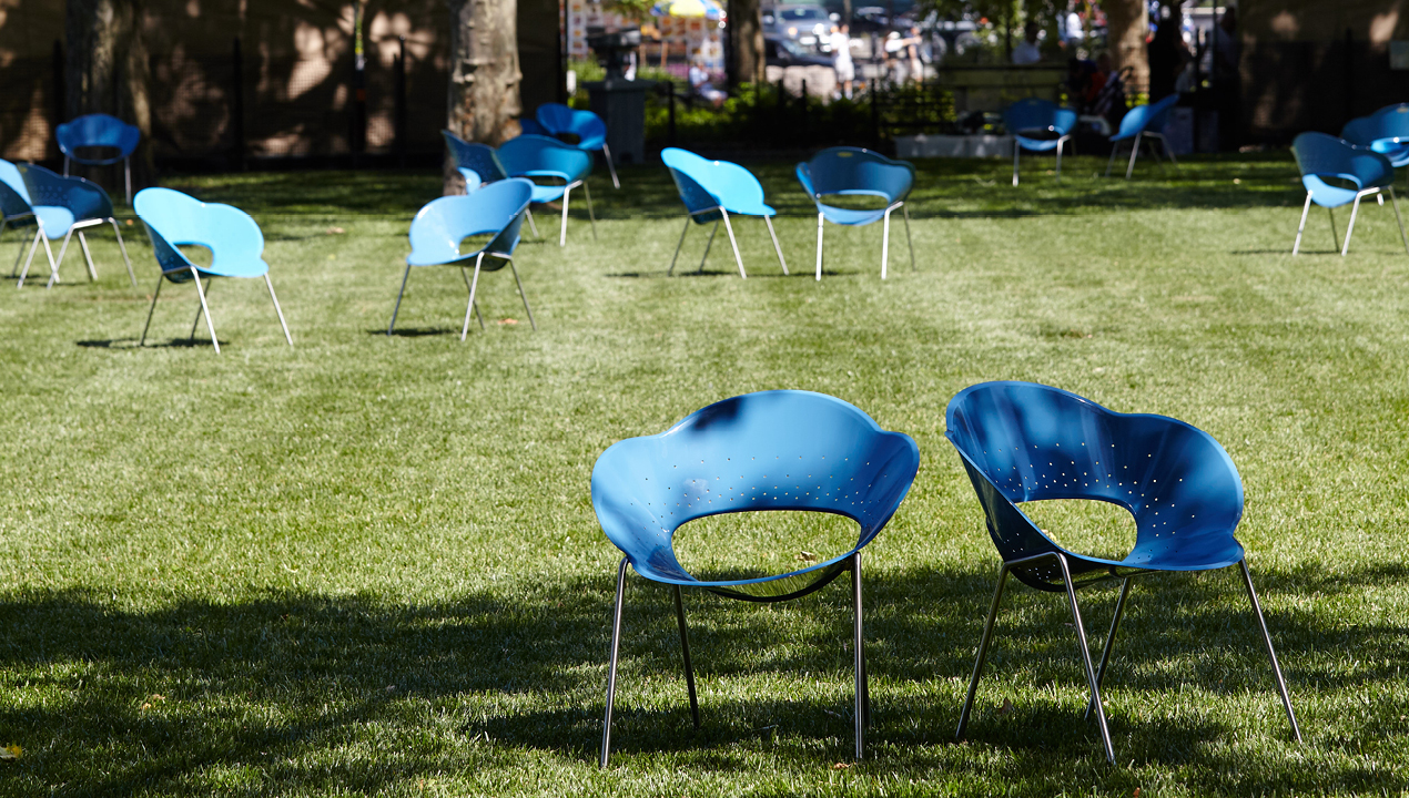 Blue Battery Chairs on grass