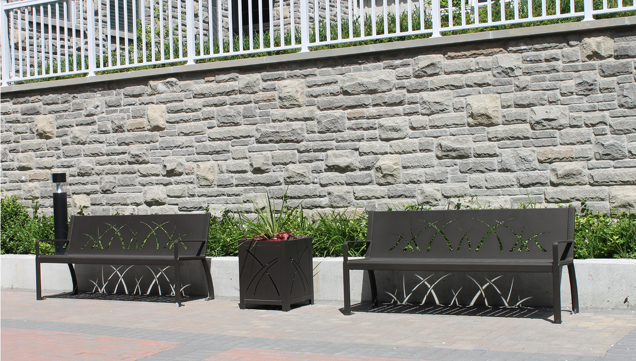Two Black Metal Benches with Black Small Planter