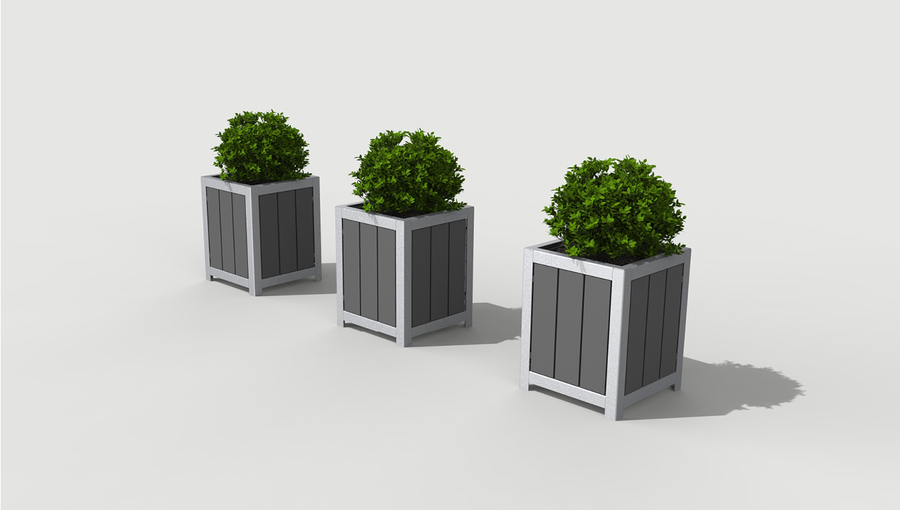 Three Grey Planters with Plants