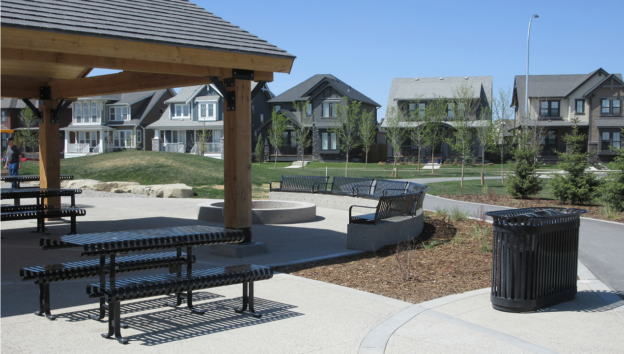 Picnic tables, Benches and Trash Can outside Subdivision