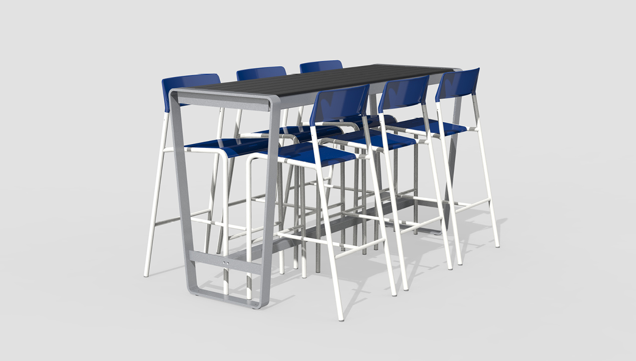 Bar Height Table in Black and Grey with Blue and White Bar Chairs