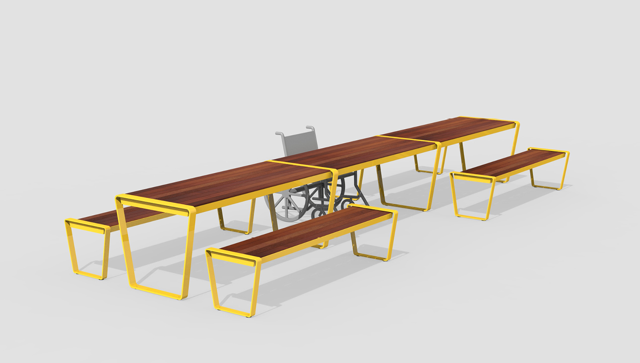 Long Tables with Benches and Wheelchair Seating in Wood and Yellow