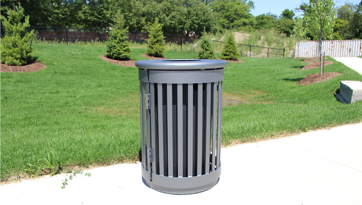 Trash can with Vertical Slats Outside on Path