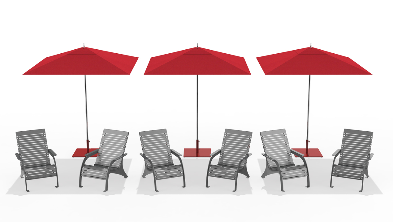 Six Grey Chairs with Red Umbrellas