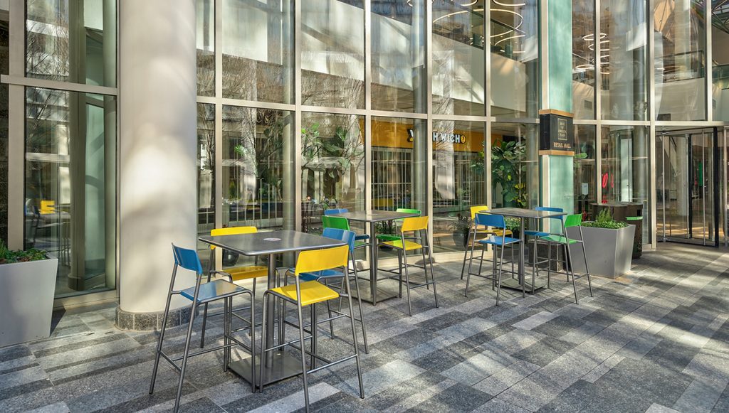 bank-of-america_foro Bank of America Plaza with brightly painted Foro Chairs and tables