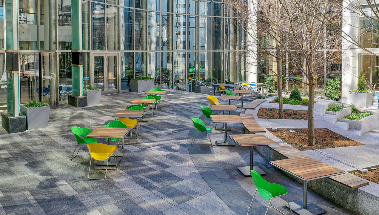 Bank of America Plaza with Brightly powdercoated Battery Chairs and Foro Wood Tables