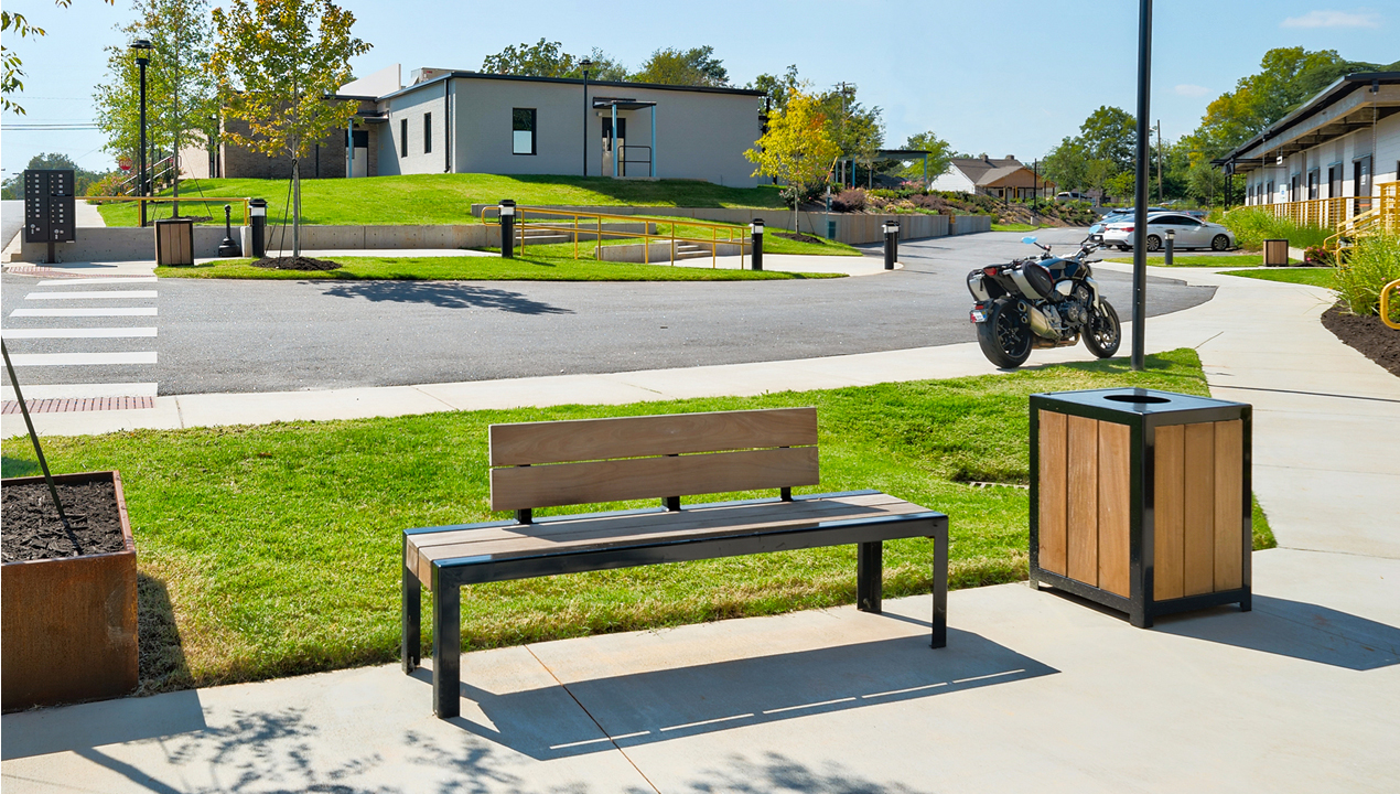 1050 Backed wood bench with wood trash container in neighborhood