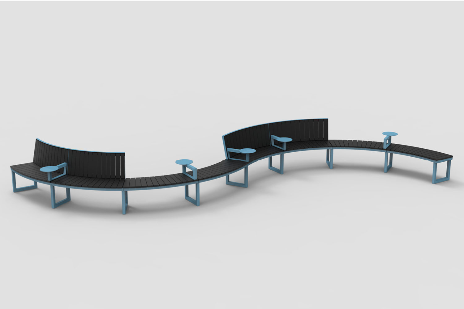 maglin-ogden-integrated-tables Backed and Backless Ogden layout with armrests and integrated table tops, HDPE Black, Pastel Blue Powdercoat