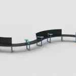 Backed and Backless Ogden layout with armrests and integrated table tops, HDPE Black, Pastel Blue Powdercoat