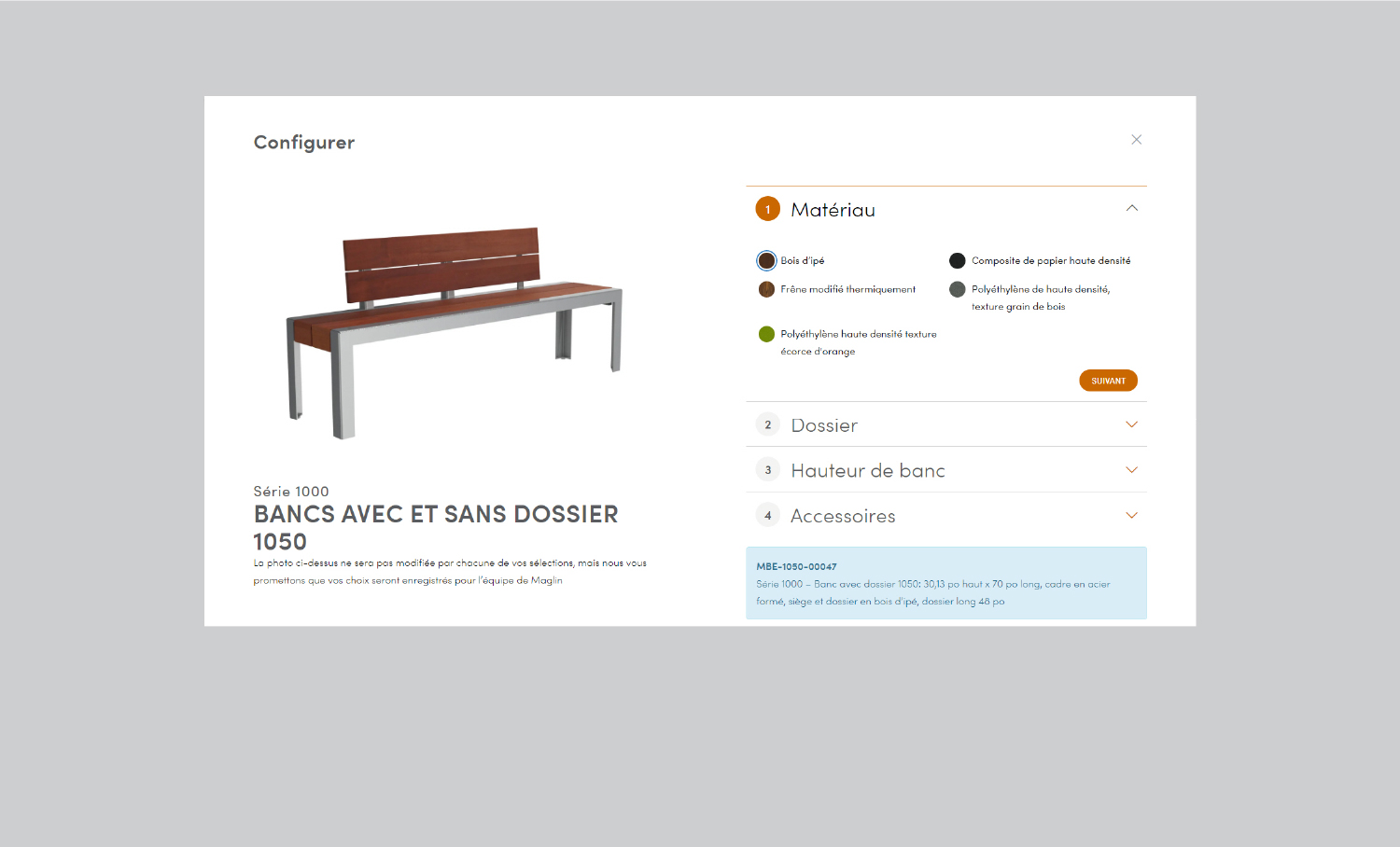 1050 bancs Quick Quote - Fenêtre Configurer