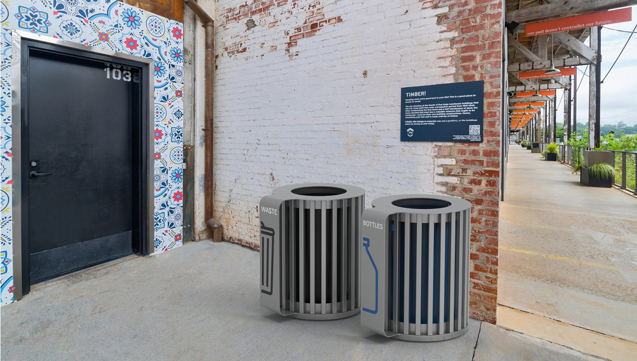 MUG Waste/Recycle Containers with steel slats and vinyl graphics