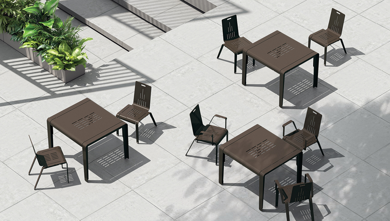 2700 Series - ALUM Dining Tables and Chairs, overhead view on patio