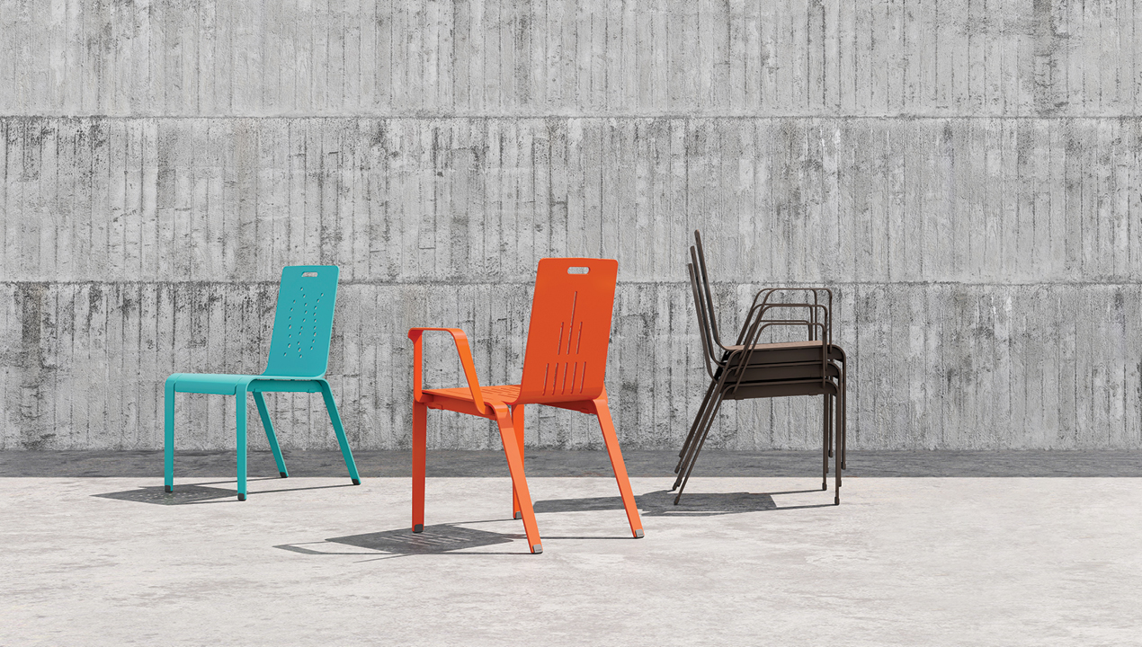 2700 Series - ALUM dining chairs brightly painted against concrete wall