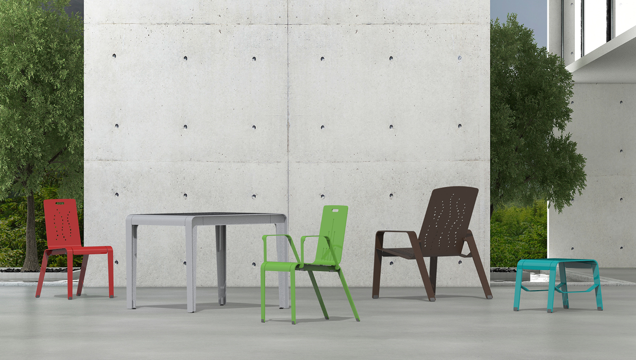 2700 Series - ALUM Collection of tables and chairs against concrete wall