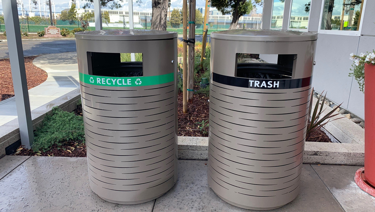 600 Series - 650 Recycle/Trash Receptacles painted titanium gloss with labels