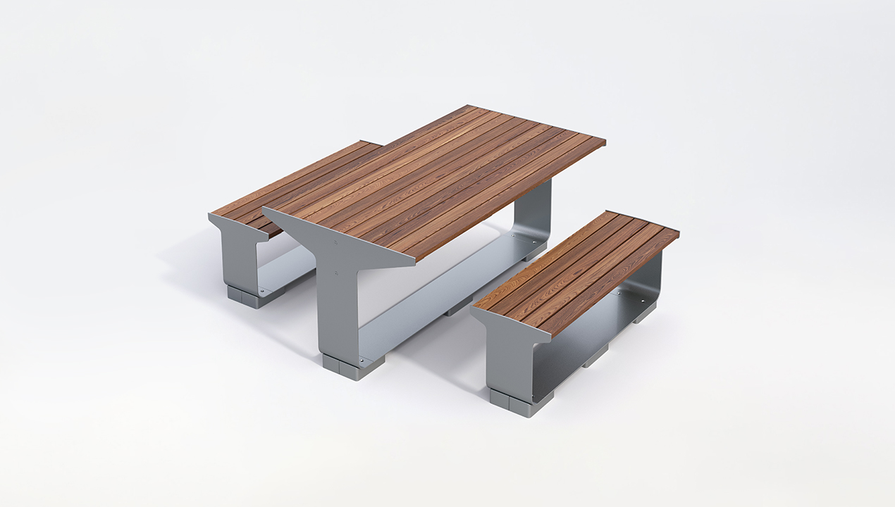 L-Series Table and Backless Benches, Wood, Gunmetal powdercoat