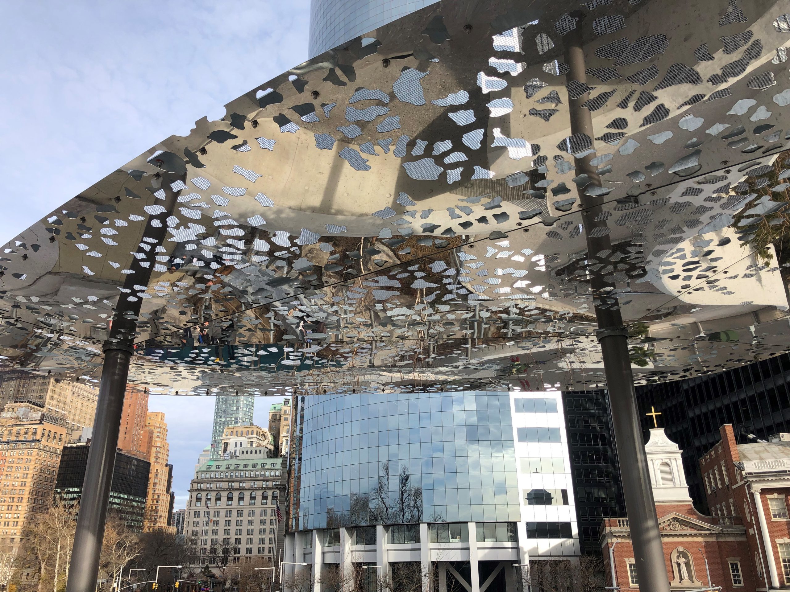 Close-up of mirrored cloud canopy in the Battery Playscape