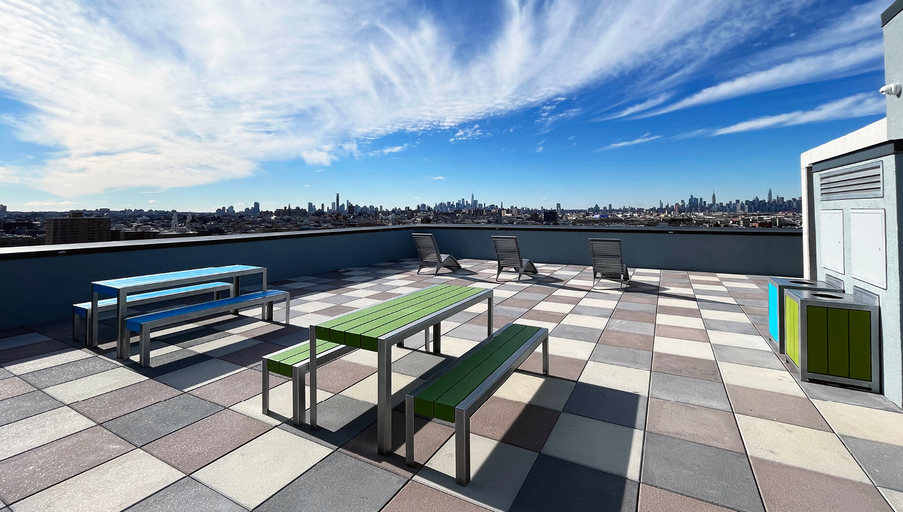 MTB-1050 Tables and Backless Benches on roof top patio