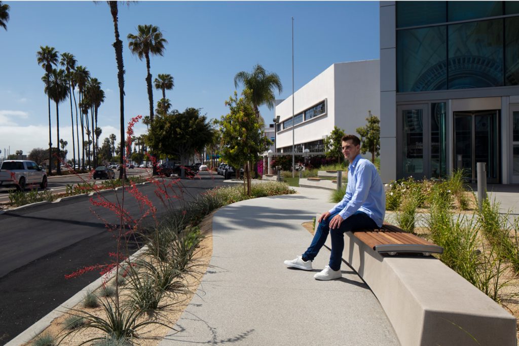 Brad-Teter Brad sitting on a Maglin 720 wall mount bench in California