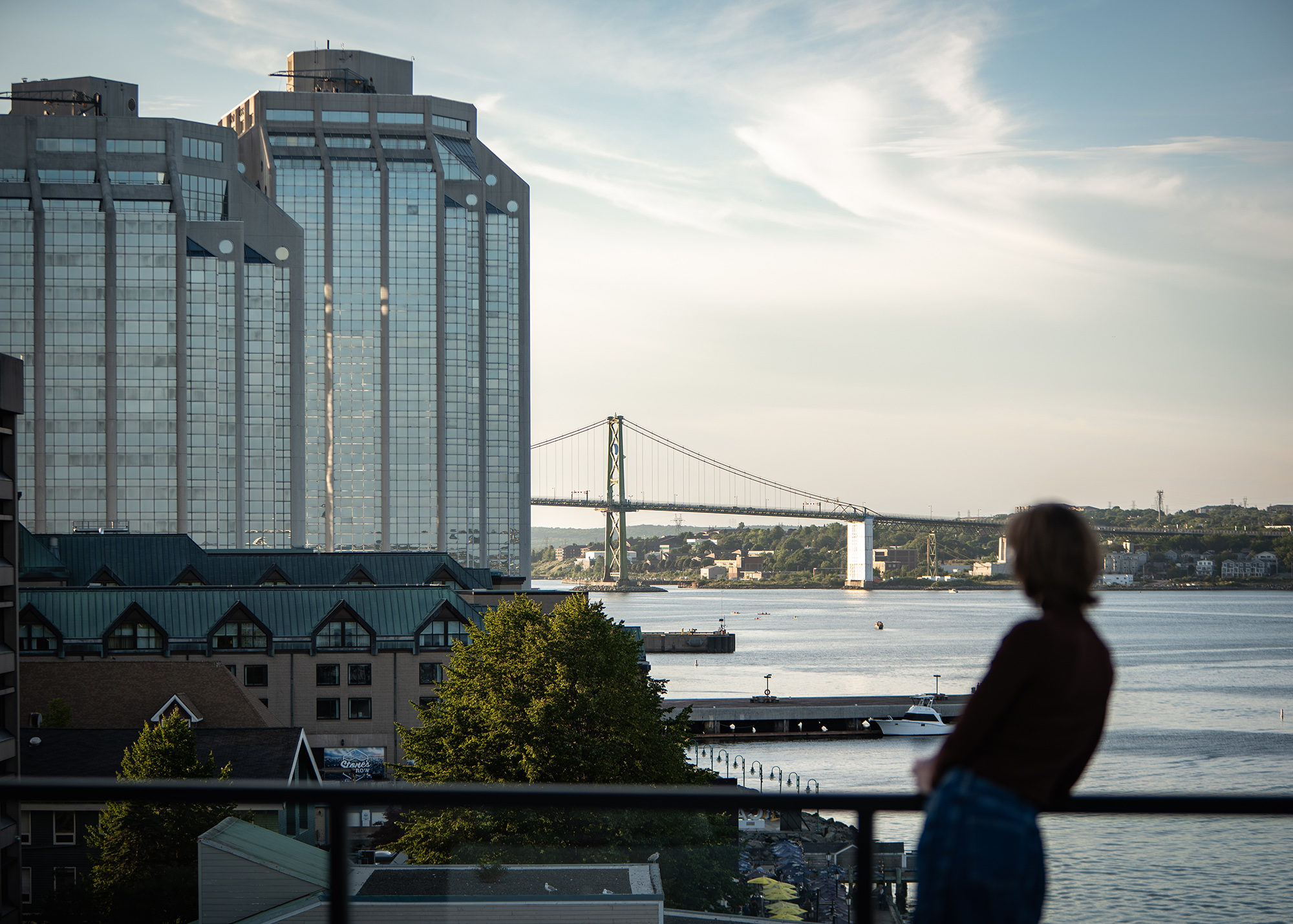 An employee looks out toward a bridge from the Stewart McKelvey rooftop terrace