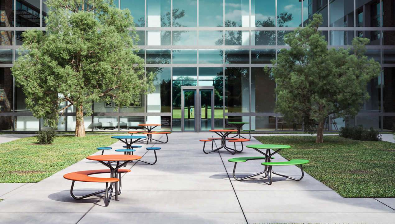 Colorful FAVA cluster seating on school campus