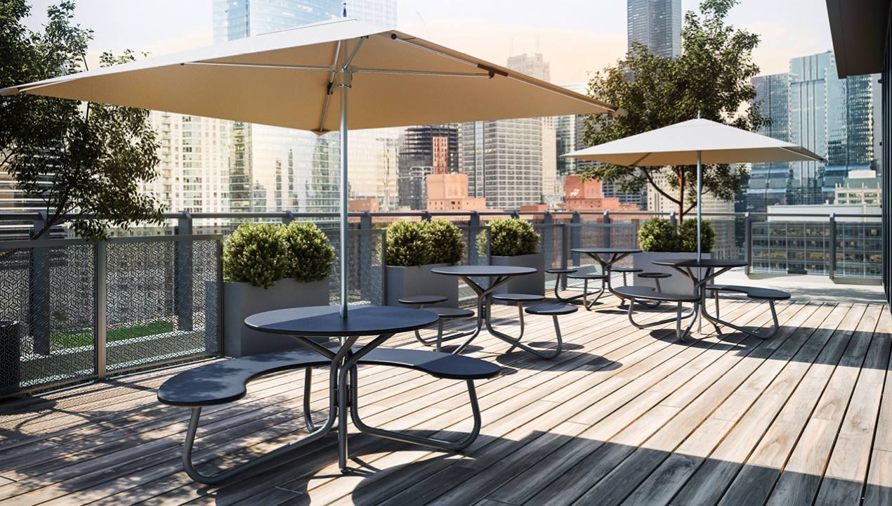 FAVA Cluster Seating with TUUCI umbrellas, wheelchair accessible on rooftop patio