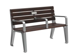 MBE-2300-00156: Iconic 48in Backed Bench, Thermally Modified Ash Wood Seat and Back, Center and Side Arms, Corian Plaque
