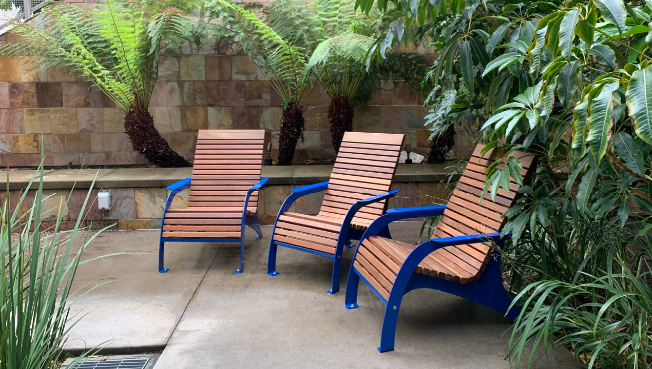720 Chairs, Ipe Wood, Blue Powdercoat at CSUSM