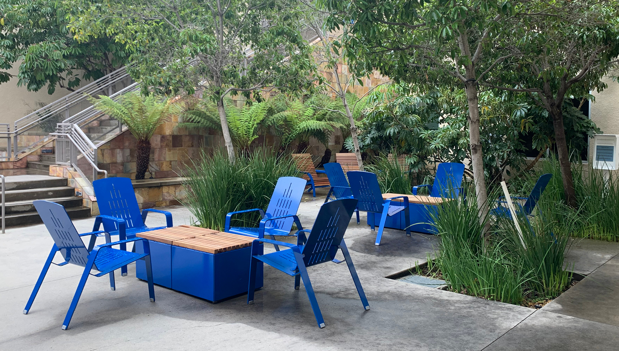 ALUM Lounge chairs with Pixel blocks, blue powdercoat at CSUSM