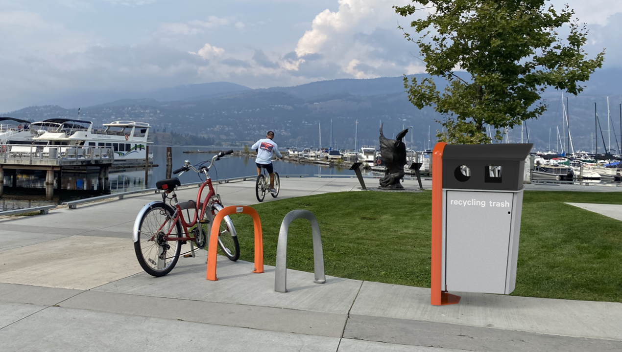 1600 Series - SC Waste/Recycle unit with bike racks next to ocean and mountains
