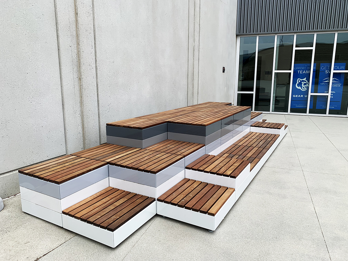 csusm-pixel-gradient-2 Pixel configuration with gradient blocks, from light to dark grey with ipe wood block tops at CSUSM.