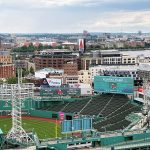 A view of Fenway Park from the roof deck at Viridian Apartments in Boston.