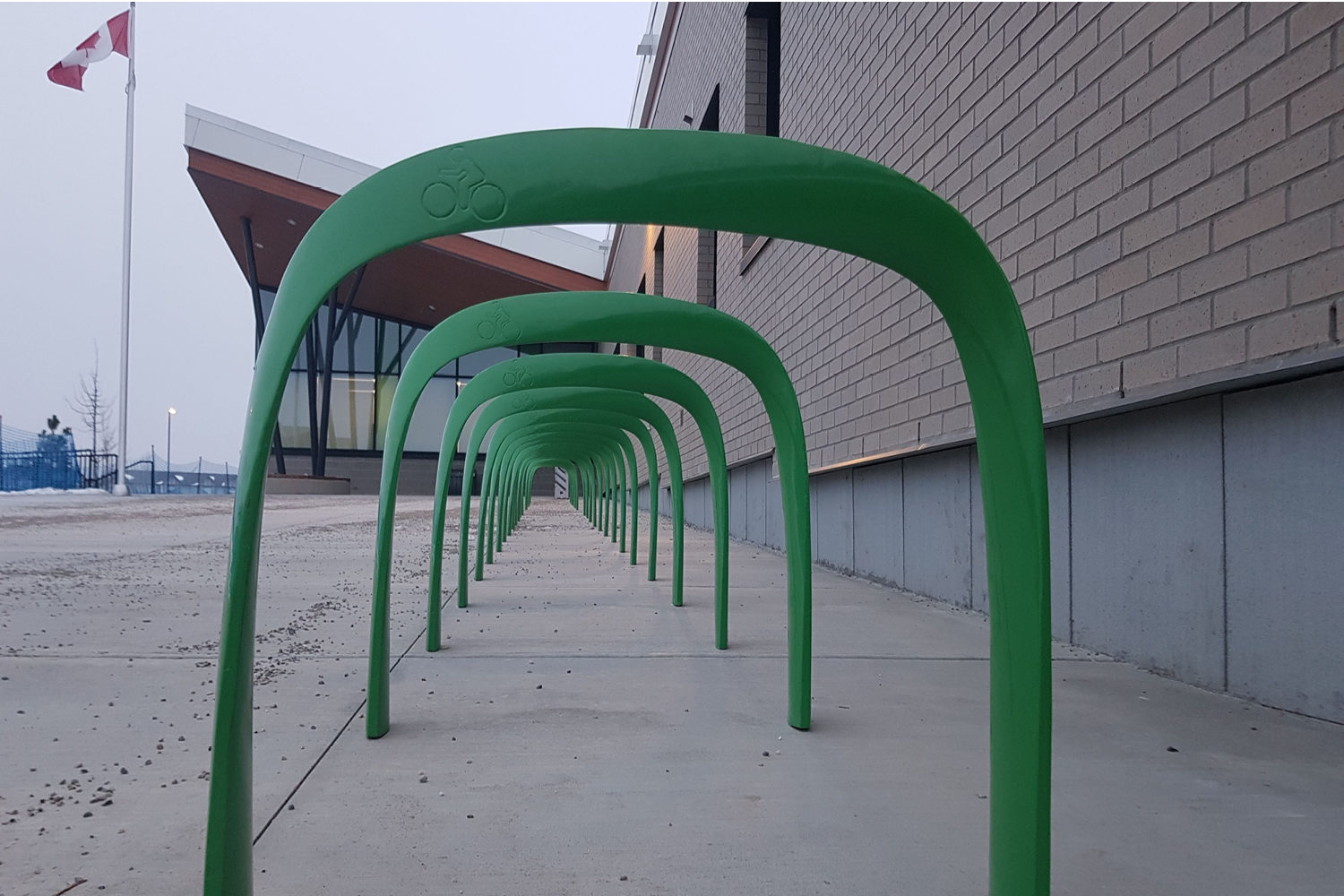 SC Bike Racks painted green are lined up in front of a building